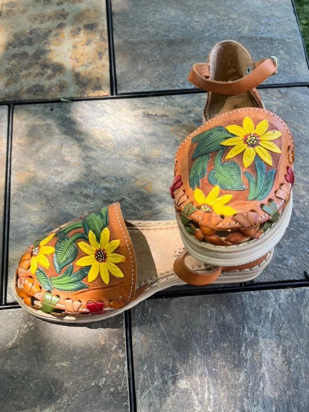 Hand-Painted Sun flowers Leather Ankle-Strap Sandals - Brown with Yellow Flowers